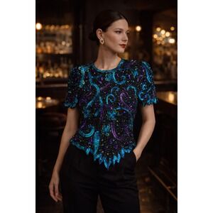 Vintage Laurence Kazar Beaded‎ Sequin Glam Top 80s Dynasty Party Sharkbite Hem S